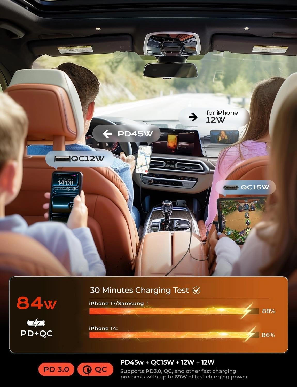 LISEN Retractable Car Charger, 84W Car Charger USB C Fast Charger Adapter, Car Accessories for Men Women, Gifts for Fathers Day for Men Dad Husband, for iPhone 17 16 15 14 13 12 Pro Max, Carbon-Grey