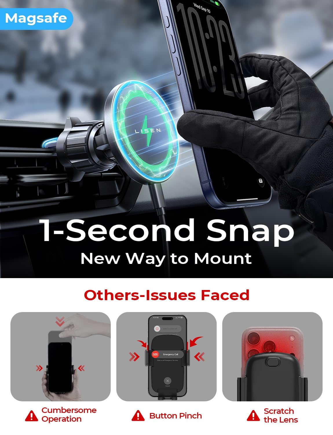 LISEN for Magsafe Car Mount Charger Magnetic Phone Holder for Car Wireless