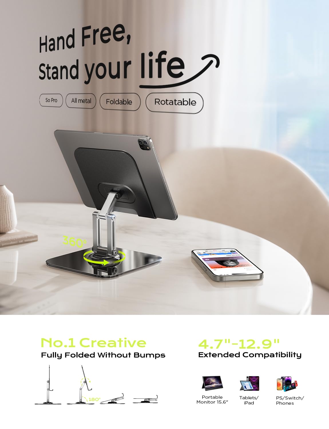 LISEN Tablet Stand Holder Fits iPad Stand for Desk 360° Adjustable Foldable for iPad Holder Home Must Have Desk Accessories Office Accessories Fits 4-12.9INCH