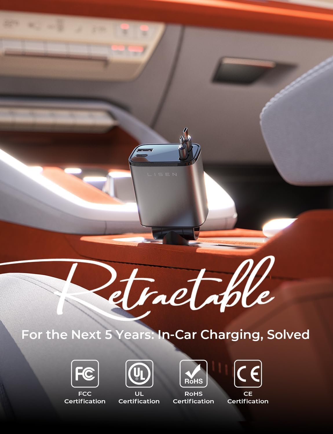LISEN Retractable Car Charger USB C Fast Charge for iPhone 17 16 15 Pro Max [Upgraded 4 in 1 Dual Type-C Cables] 75W Car Phone Charger Cigarette Lighter Adapter for Galaxy,Car Accessories for men women