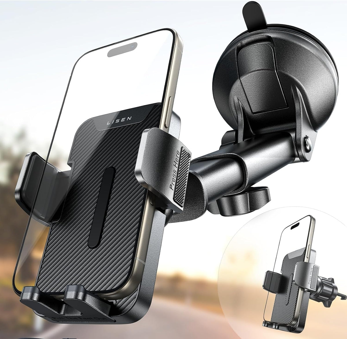 LISEN for iPhone 17 Car Phone Holder Mount, 2-in-1 Suction Cup Phone Mount for Car Dashboard Windshield and Air Vent Cell Phone Holder, Truck Phone Holder for iPhone 16 Pro Max Air 15 14 13 Plus Mini