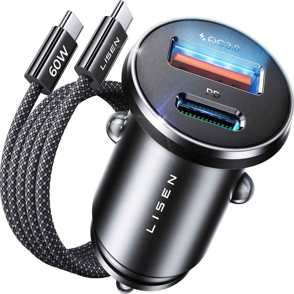 LISEN しがーソケット usb 急速充電 PD36W シガーソケット タイプc【2026最強のコスパ・ステルス設計】車 充電器+60Wケーブル付属