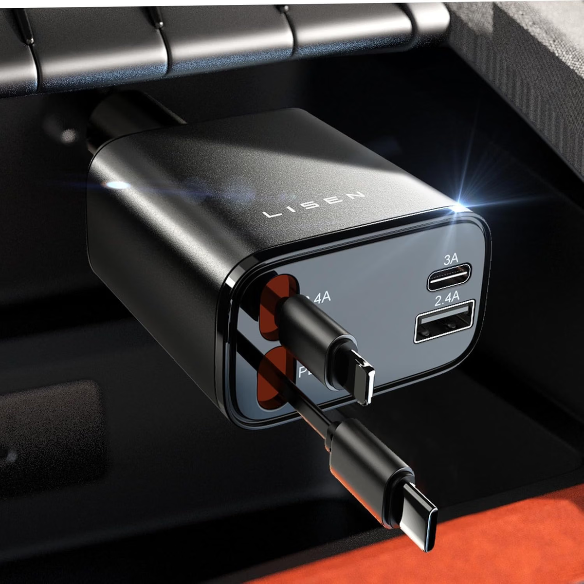 LISEN 4in1車 充電器 シガーソケット 巻き取り式充電器 【4台同時に充電可能】しがーソケット usb 急速充電 カーチャージャー