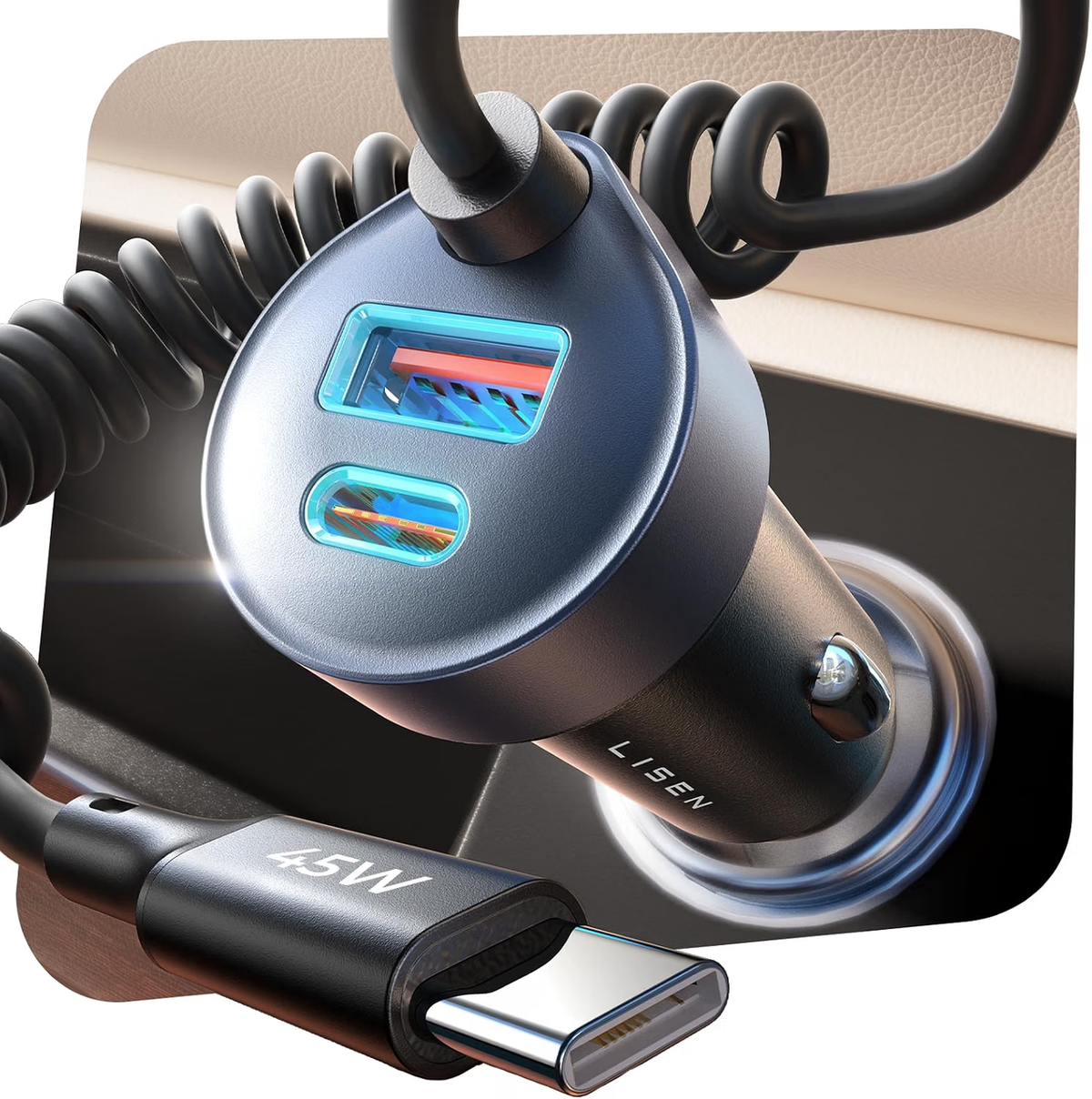 LISEN 3in1車用充電器 シガーソケット usb 75W+45W Cケーブル【90W急速充電・最小3in1】しがーソケット usb cタイプ