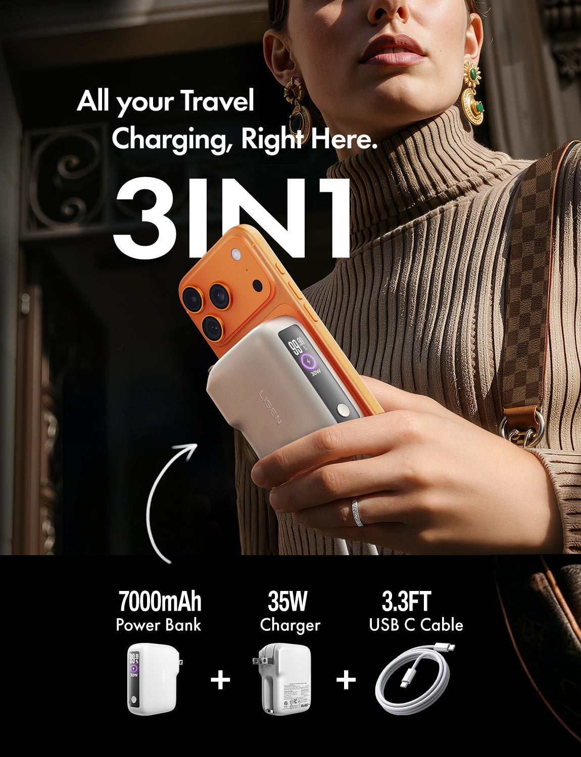 LISEN 3-in-1 Fast Travel Charger, 35W Wall Charger & 27W Power Bank, Portable Charger with Built-in 3.3FT USB-C Cable and Foldable Plug, 7000mAh Battery Pack for iPhone 17/16 Series, Galaxy, pixel 10