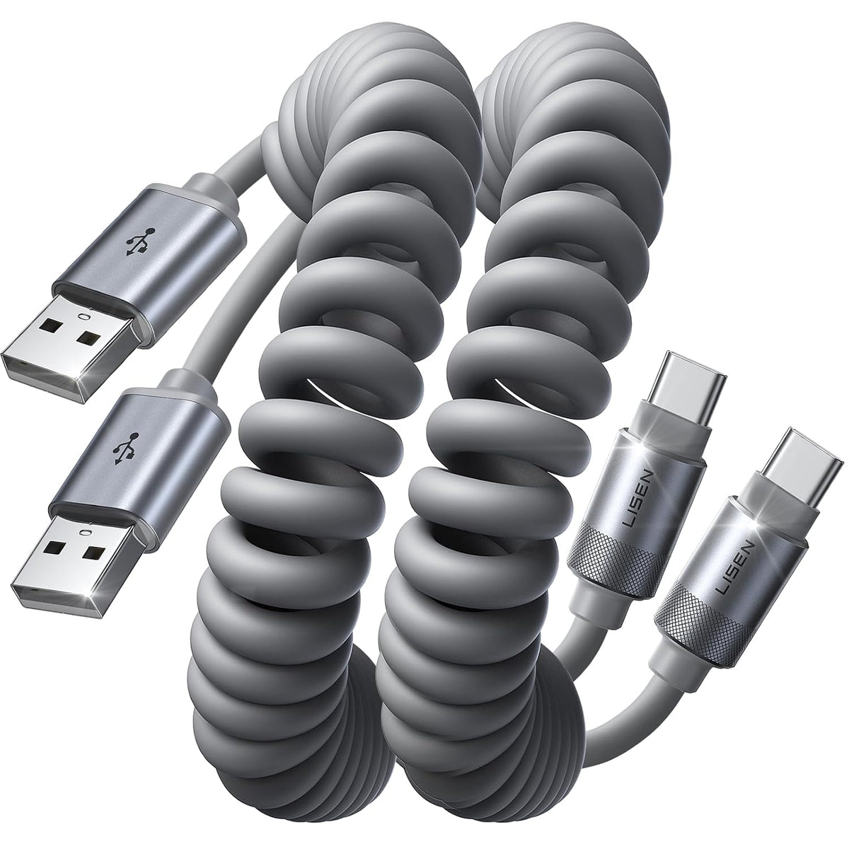 LISEN Coiled USB C Cable, USB A to USB C Cable 2 Pack Type C Charger Cord