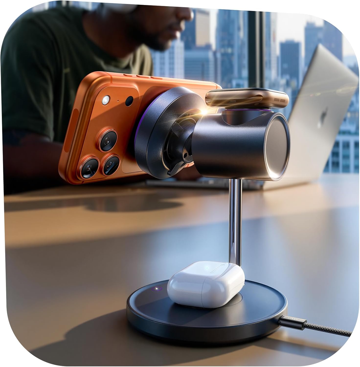 LISEN Magsafe Charger Stand, 3-in-1 Charging Station, Qi2.2 25W /Cooling Fan (On/Off Control) Magsafe Desk Charger for iPhone 17, Apple Watch, AirPods, Pixel 10 (45W Adapter Included)