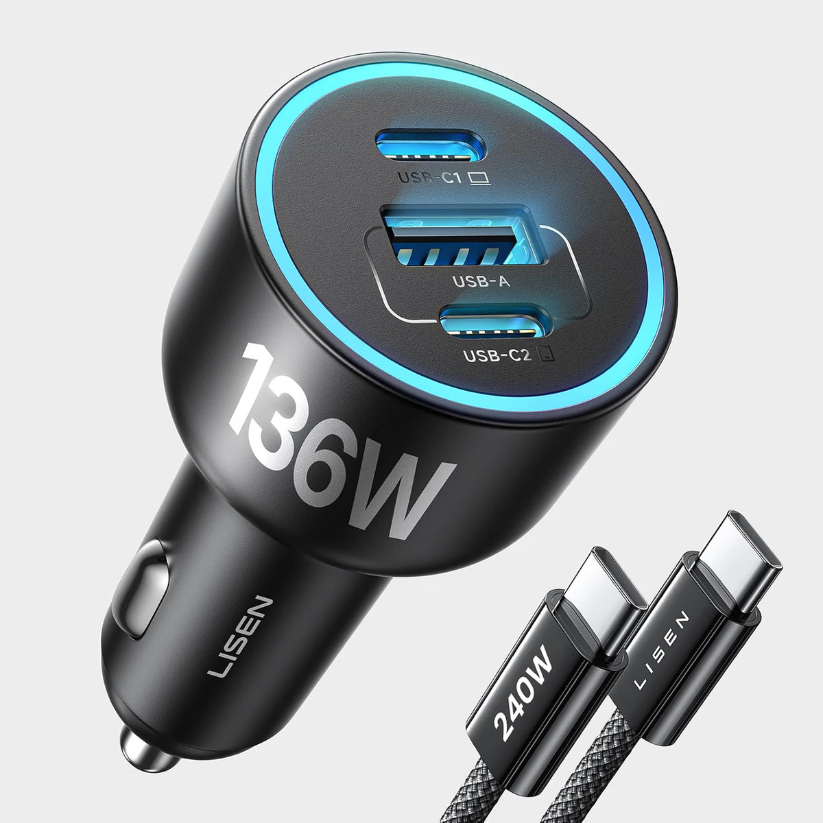 LISEN 136W 車載充電器 USB Type-C PD 100W 急速充電 3ポート シガーソケット