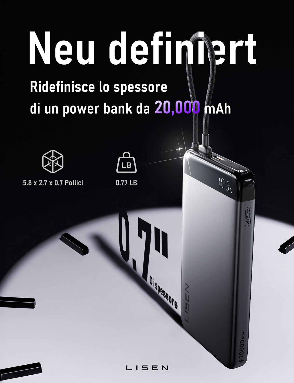 LISEN Power Bank CCC 20000 mAh 55 W, Powerbank CCC Slim Portable Charger con Smart Display e Certificate, Cavo USB-C Integrato, Compatibile con Xiaomi, iPhone 18 Pro Max/17/16, Samsung S25, iPad