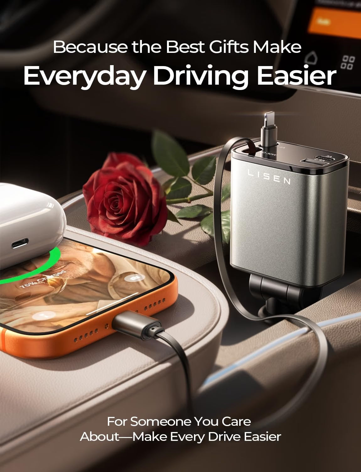 Birthday for Women Men Drivers - LISEN 4 in 1 Car Charger 84W Retractable 12V USB C Adapter Socket Cigarette Lighter Charger Car Accessories Gadgets for iPhone 17 15