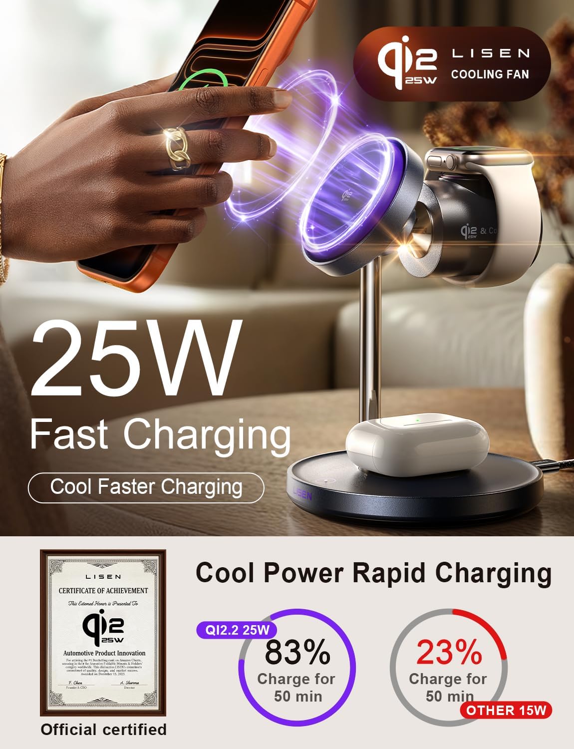 LISEN Qi2.2 25W 3-in-1 Charging Station for iPhone Device, Magsafe Charger Stand with Smart Cooling Fan, 25W Magsafe Wireless Charger for iPhone 18/17/16/15/14/13/12, Apple Watch, AirPods with Adapter
