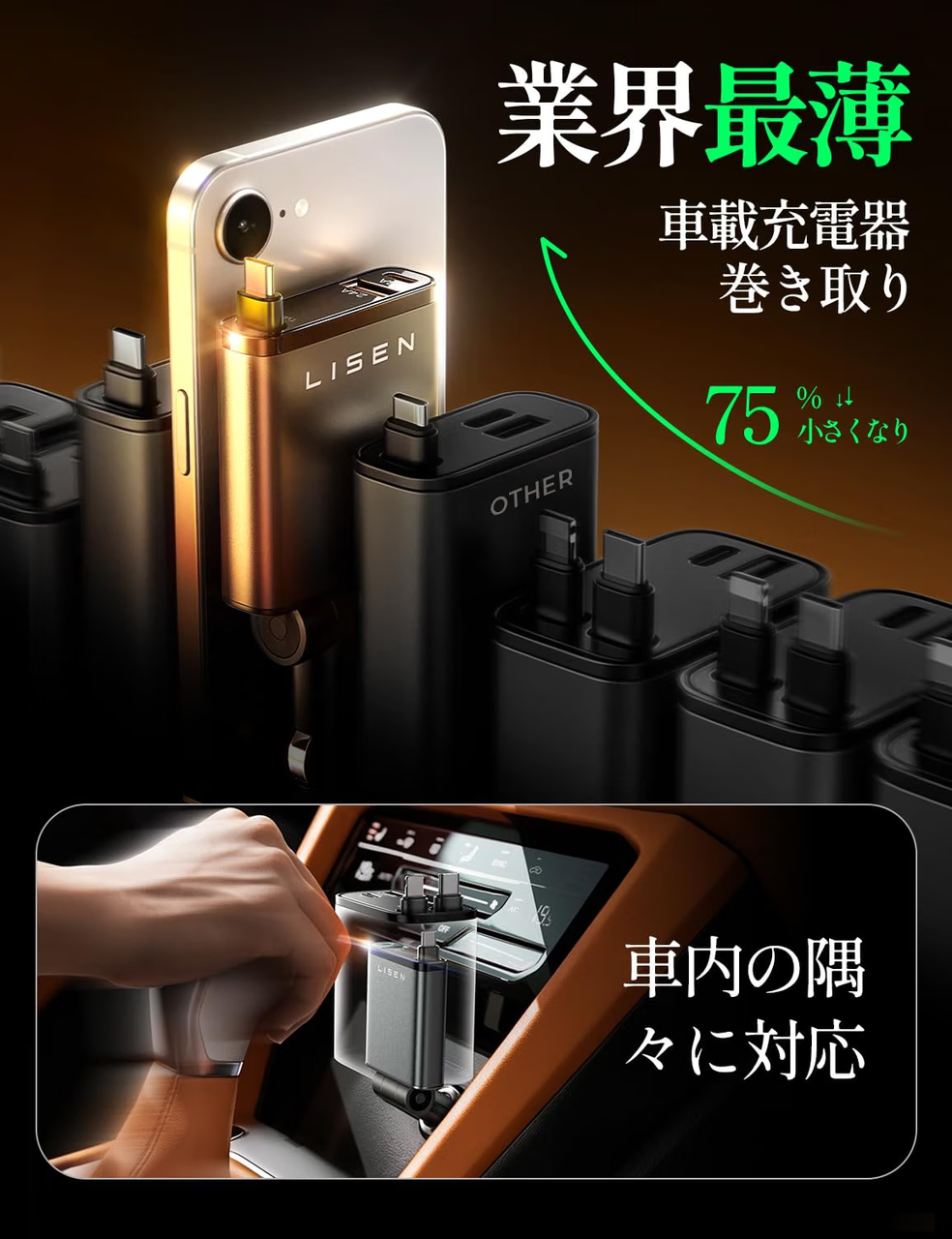 【超小型・PD36W急速充電】LISEN 3in1車 充電器 タイプc しがーソケット usb シガーソケット 巻き取りPD3.0/QC/PPS対応