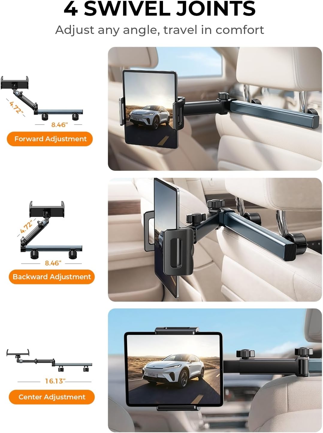 LISEN iPad Holder for Car Tablet Mount, 4 in 1 Adjust Arm Back Seat Stand