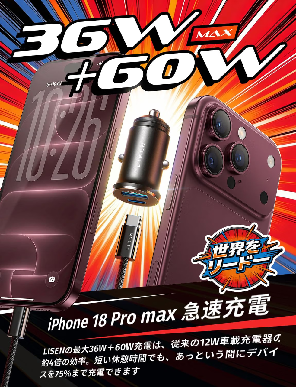 LISEN しがーソケット usb 急速充電 PD36W シガーソケット タイプc【2026最強のコスパ・ステルス設計】車 充電器+60Wケーブル付属