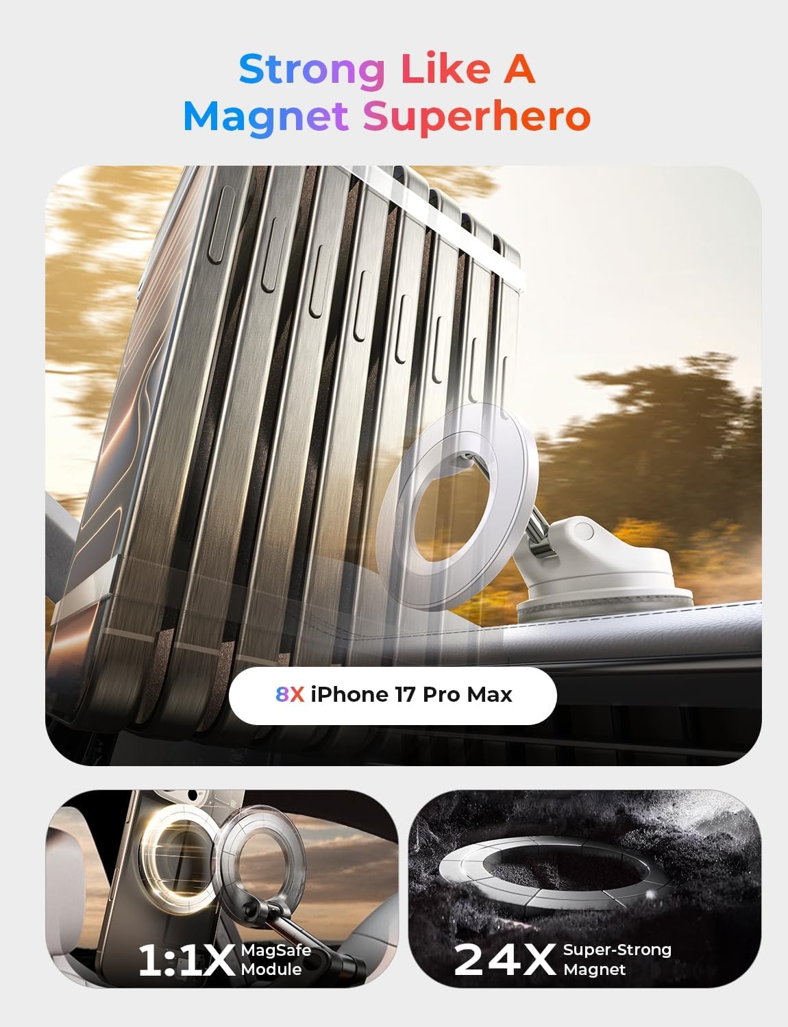 LISEN for iPhone 18 Pro Max Magsafe Car Mount Holder, Magnetic Phone Holder Car, Phone Mount for Car Accessories, Suction Cup Phone Mount, for iPhone 18 Pro Max 17 16 15 14 13 12, White