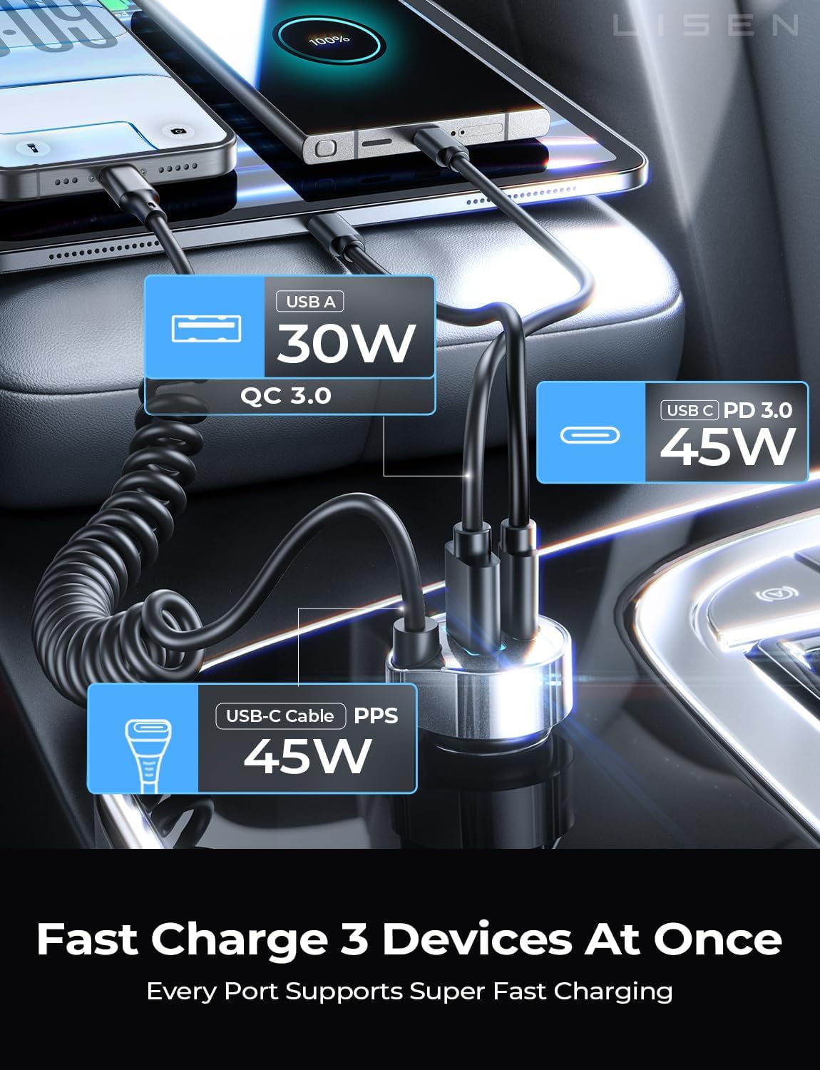 LISEN 90W USB-C Fast Car Charger