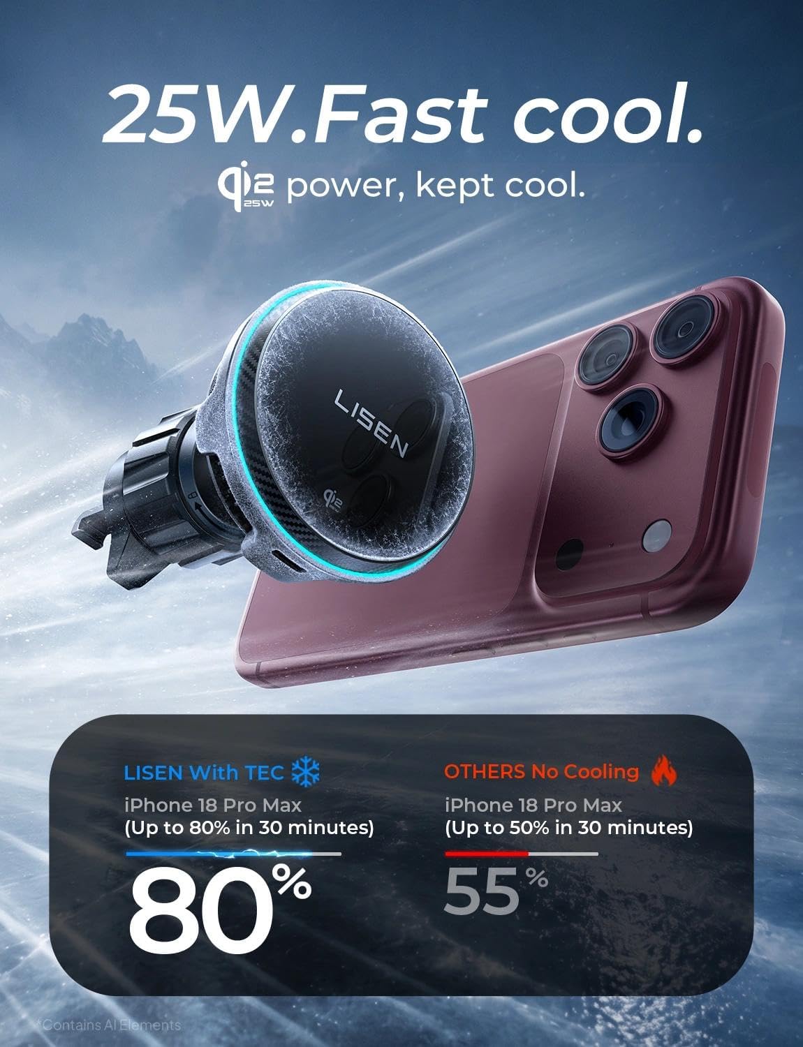 LISEN for iPhone 18 Pro Max Car Charger Mount Holder for Qi2.2 25W Cooling