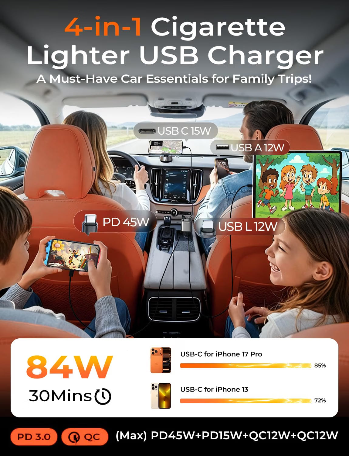 LISEN Retractable Car Charger Fast Charge 84W Car Accessories Gifts for Men