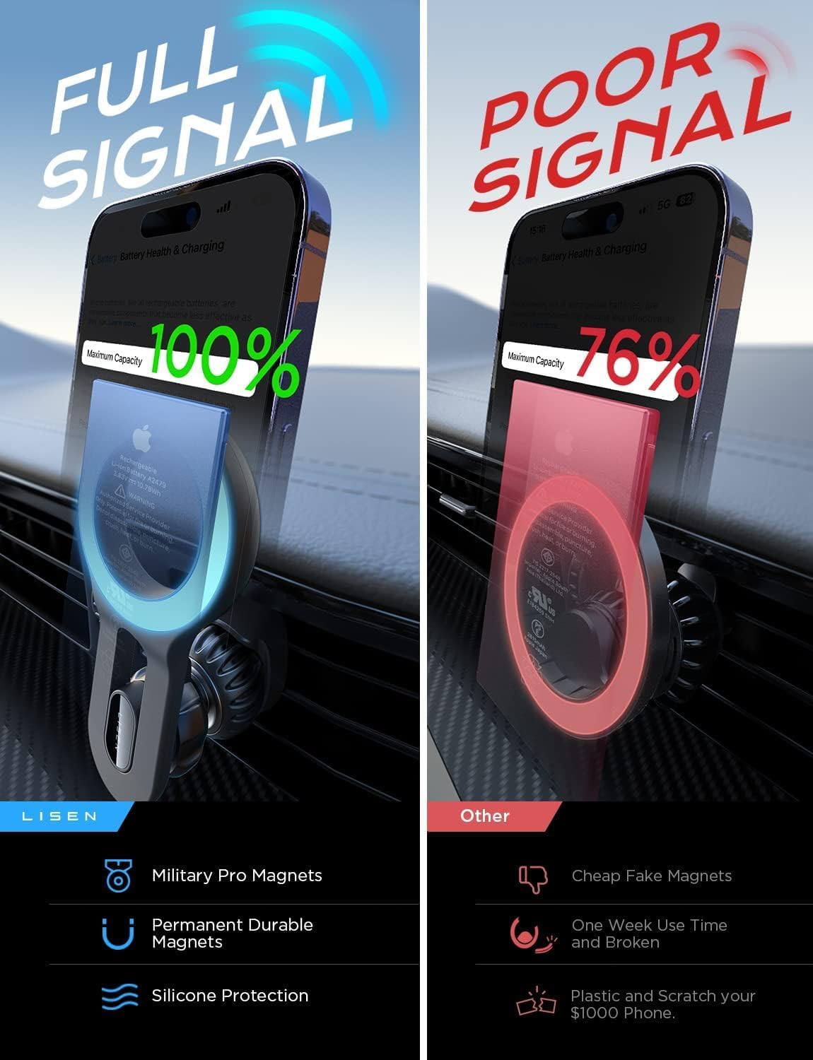 LISEN for MagSafe Car Mount, Magnetic Phone Holder for Car Air Vent Phone Holder [Strong Magnetic] Hands Free Cell Phone Holder Strong Clip Car Accessories fit iPhone 17 Pro Max 16 15 14 13