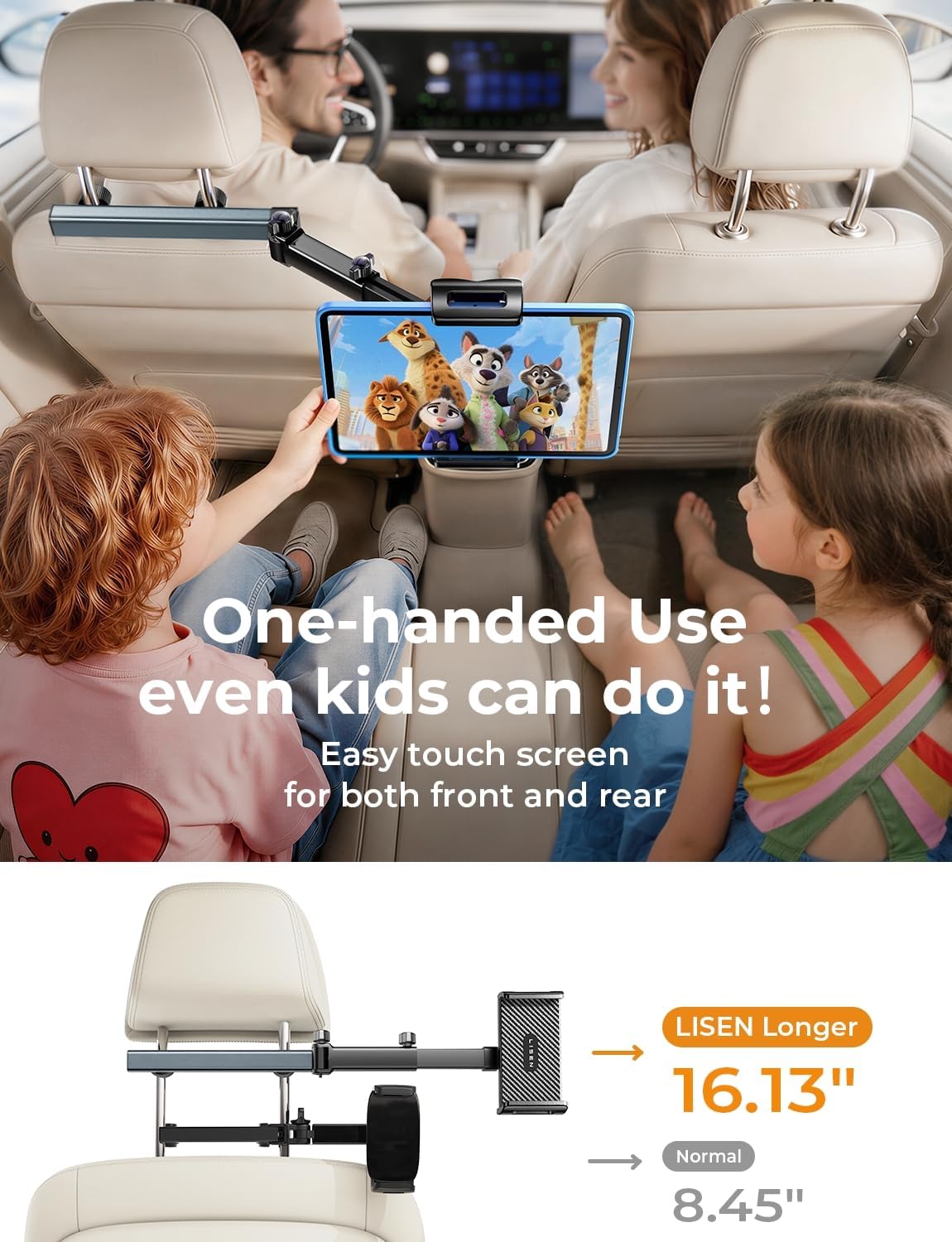 LISEN iPad Holder for Car Tablet Mount, 4 in 1 Adjust Arm Back Seat Stand