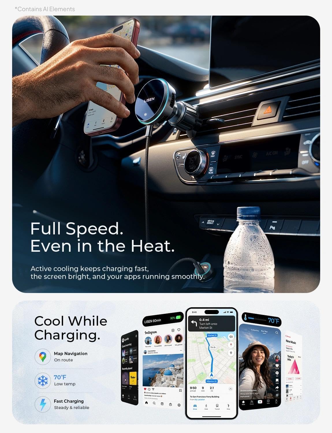 LISEN for iPhone 18 Pro Max Car Charger Mount Holder for Qi2.2 25W Cooling