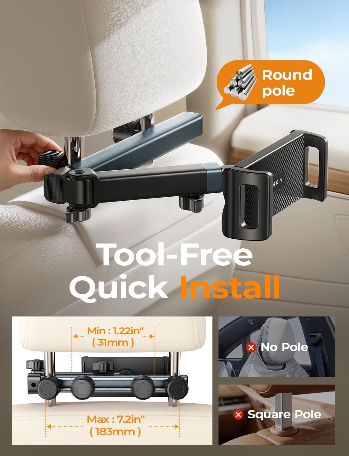LISEN iPad Holder for Car Tablet Mount, 4 in 1 Adjust Arm Back Seat Stand