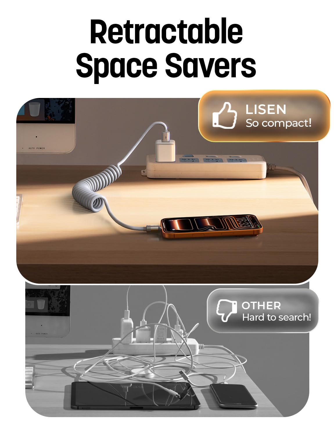 LISEN Coiled USB A to C Cable (2 Pack)