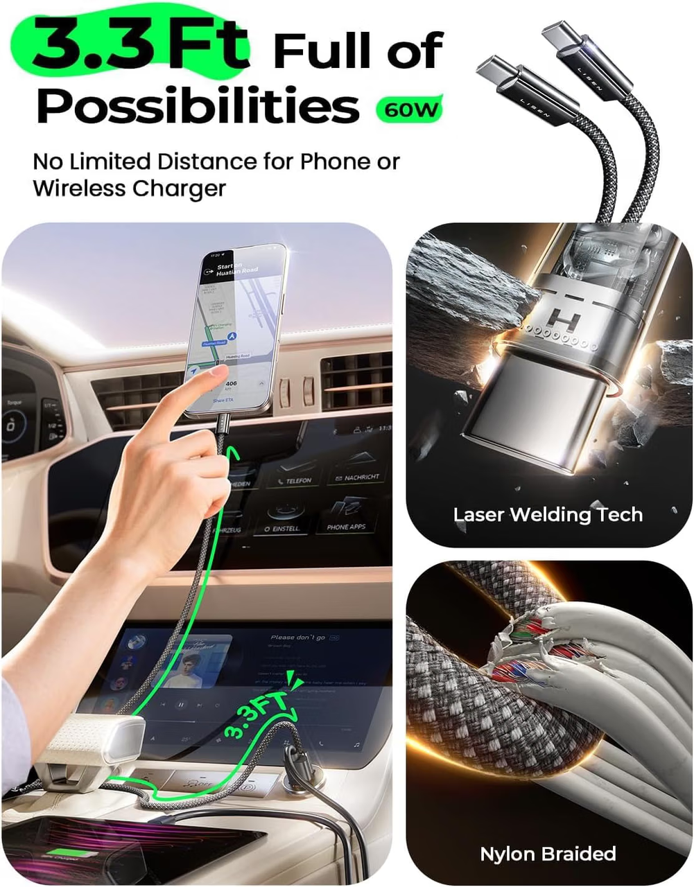 LISEN 54W Mini Car Phone Charger USB C Fast Charge PD/PPS/QC3.0 12V Adapter with C-C Cable UKCA CE Certified Metal Cigarette Lighter Charger for iPhone 17 Samsung Road Trip Car Camper Van Accessories