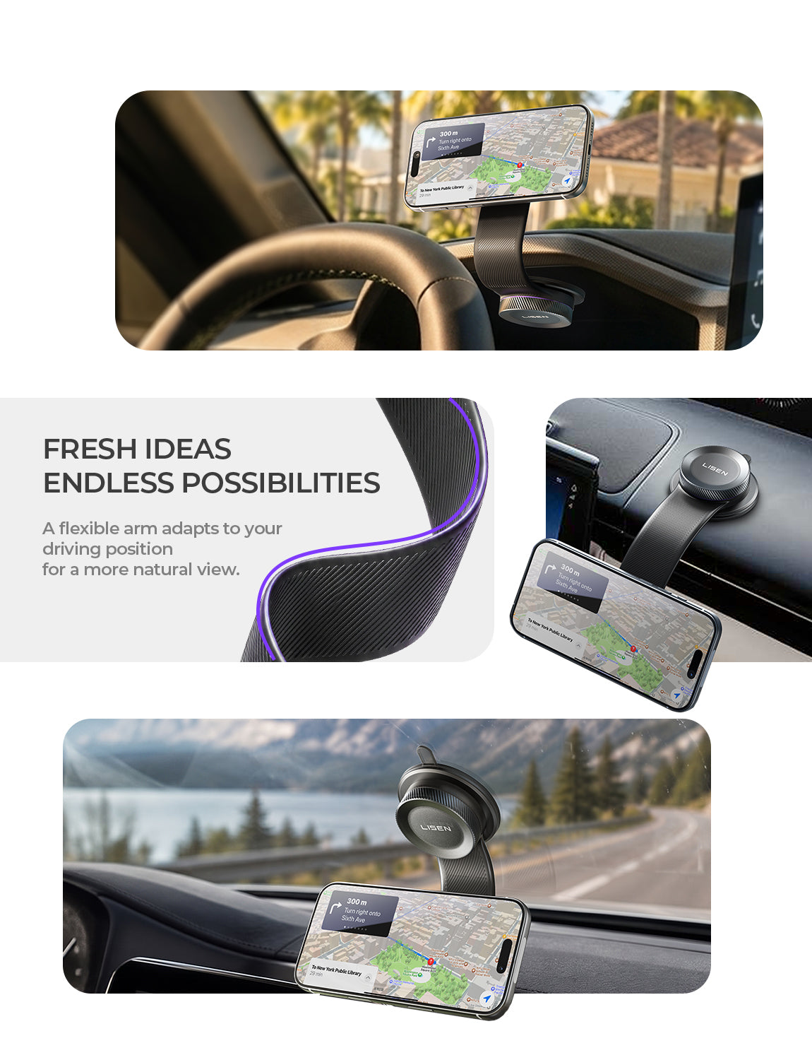 LISEN for MagSafe Car Mount, Magnetic Phone Holder for Car, Vacuum Suction Cup Phone Mount, Magnetic Car Phone Mount 24 Strong Magnets, 360° Adjustable Memory Alloy Bendable Arm for iPhone 17 Pro Max