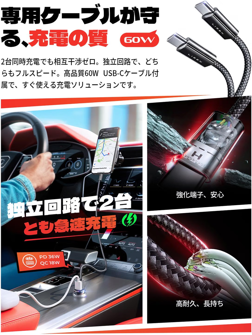 LISEN しがーソケット usb 急速充電 PD36W シガーソケット タイプc【2026最強のコスパ・ステルス設計】車 充電器+60Wケーブル付属