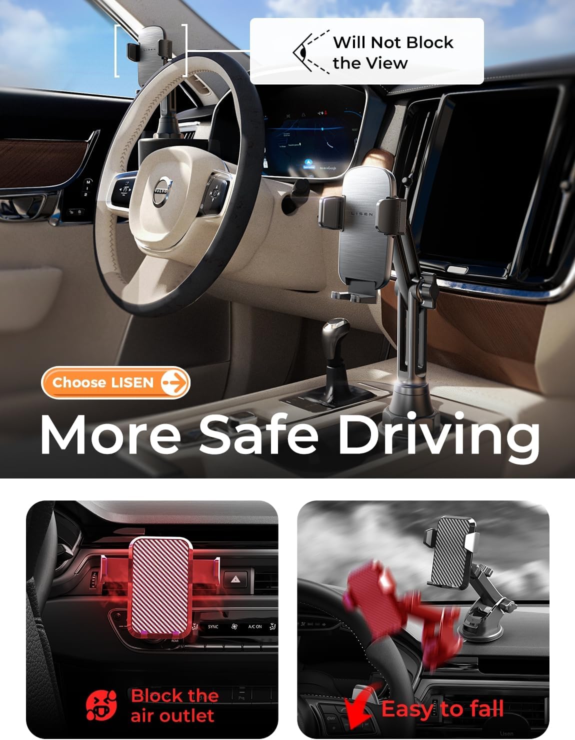 LISEN [Upgraded Version Cup Holder Phone Holder for Car, Universal 360° Adjustable Long Neck Car Phone Mount Golf Cart Truck Jeep, Compatible with iPhone Samsung Google & All 4.0-7.0 '' Phones