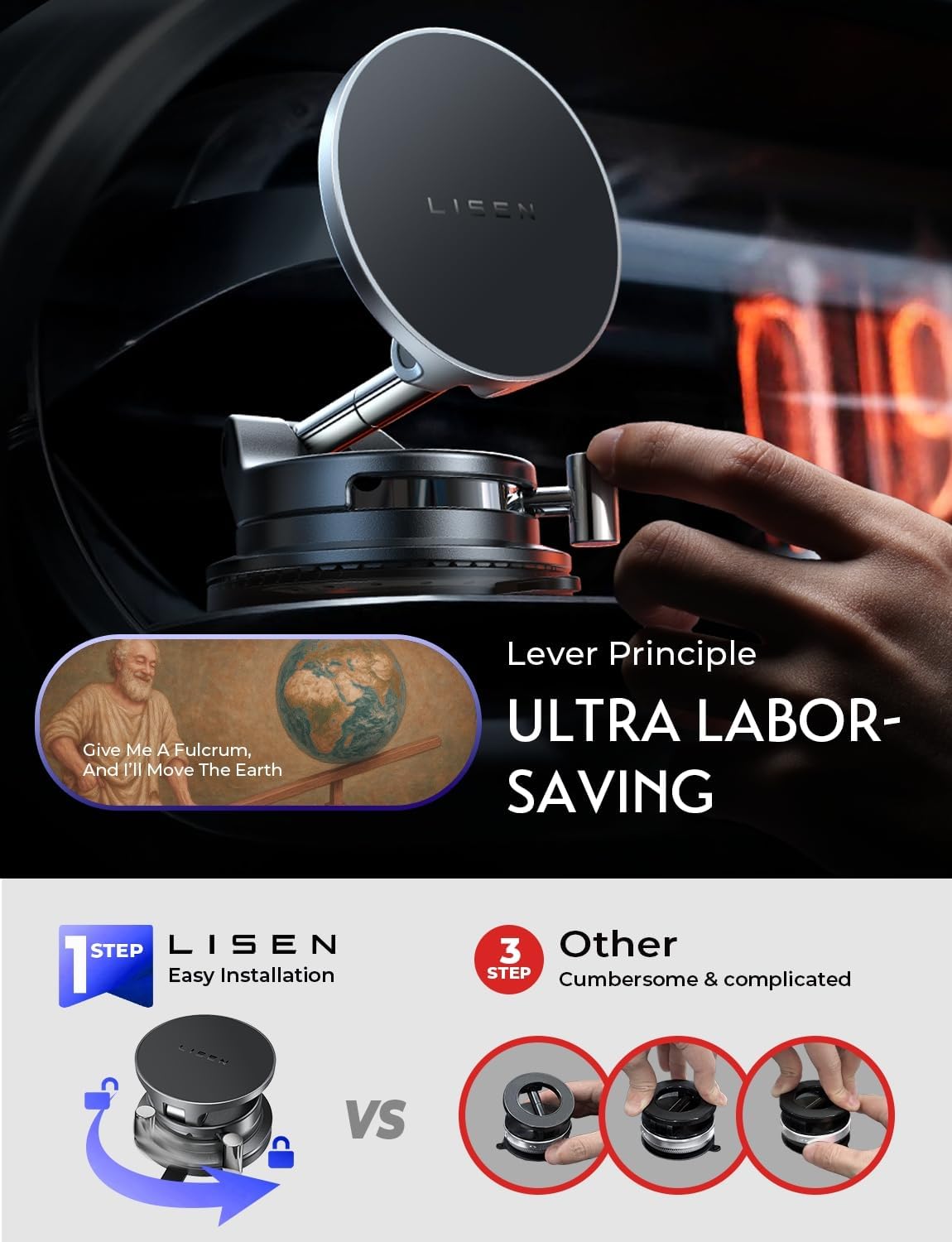 LISEN for 15W Magsafe Car Mount Charger, [Carbon Fiber] 360° Magnetic Wireless Car Charger, Suction Car Phone Mount for Car Accessories for Men, Car Phone Holder for iPhone 17 Pro Max 16 15 14 13 12