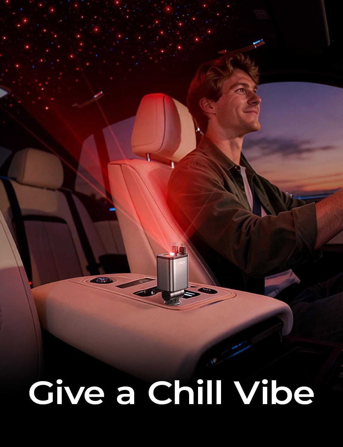 LISEN 4 in 1 Starlight Retractable Car Charger, 75W USB C Cigarette Adapter Fast Charging