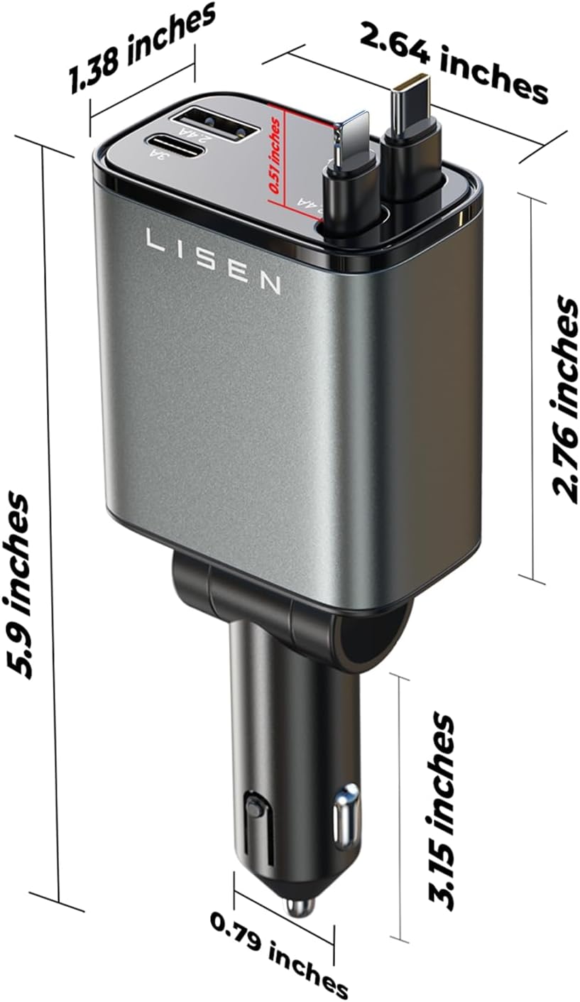 LISEN Retractable Car Charger 69W USB C