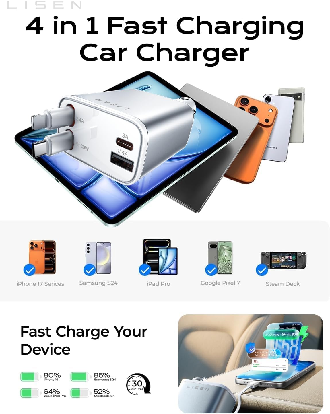 LISEN Retractable Car Charger for iPhone