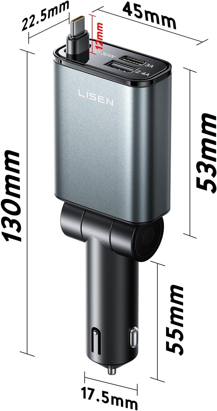 LISEN Retractable Car Charger USB C