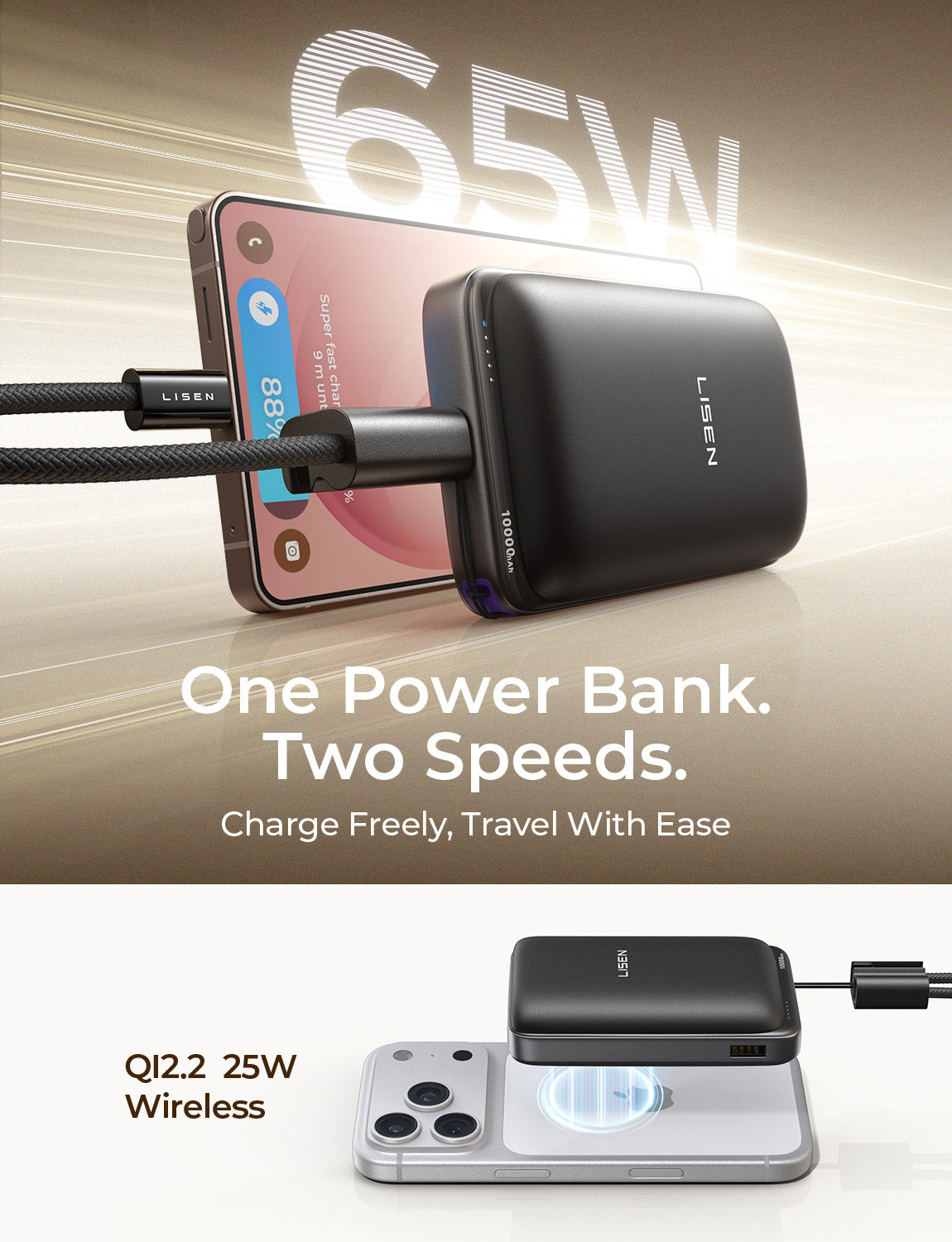 LISEN 10000mAh Qi2 MagSafe Power Bank with Detachable Cable