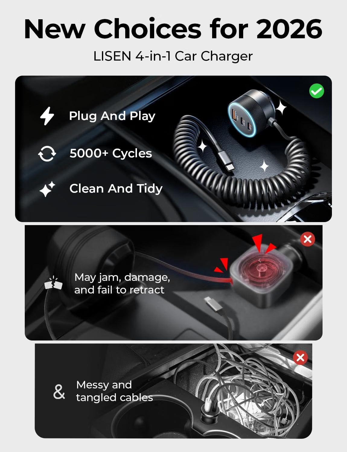 LISEN 4-in-1 Cigarette Lighter USB Charger Fast Charge Metal 12/24V Adapter 2×45W USB‑C+30W USB‑A+45W C Cable, 24V Car Phone Charger PD3.0/QC/PPS for iPhone 18 Samsung