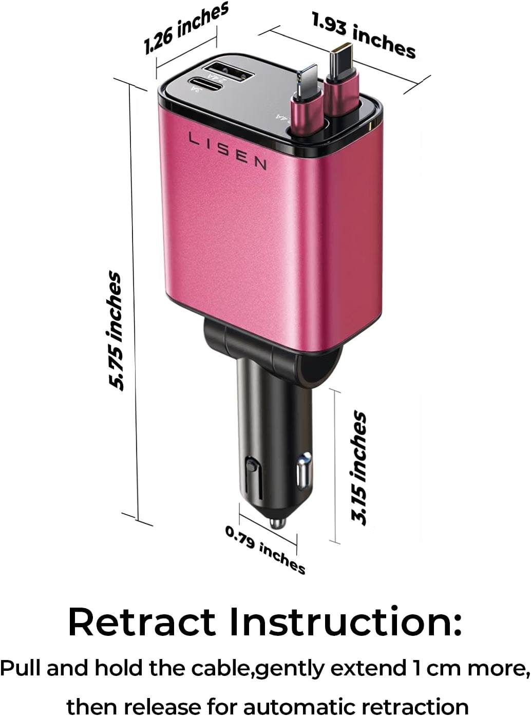 LISEN Retractable Car Charger, 84W Car Charger USB C Fast Charger Adapter, Car Accessories for Men Women, Gifts for Fathers Day for Men Dad Husband, for iPhone 17 16 15 14 13 12 Pro Max, Pink-Black