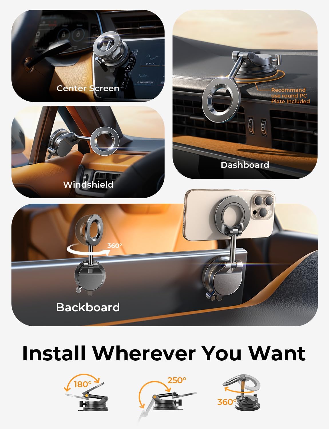 LISEN for Magsafe Car Mount |3800gf Strong Magnet+22xN55| Magnetic Phone Holder for Car Phone Holder Magnetic Vacuum Mobile Magnet Phone Holder iPhone Car Phone Mount for iPhone 18-12,Black