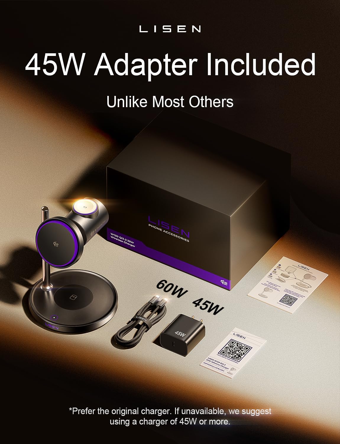 LISEN Magsafe Charger Stand, 3-in-1 Charging Station, Qi2.2 25W /Cooling Fan (On/Off Control) Magsafe Desk Charger for iPhone 17, Apple Watch, AirPods, Pixel 10 (45W Adapter Included)