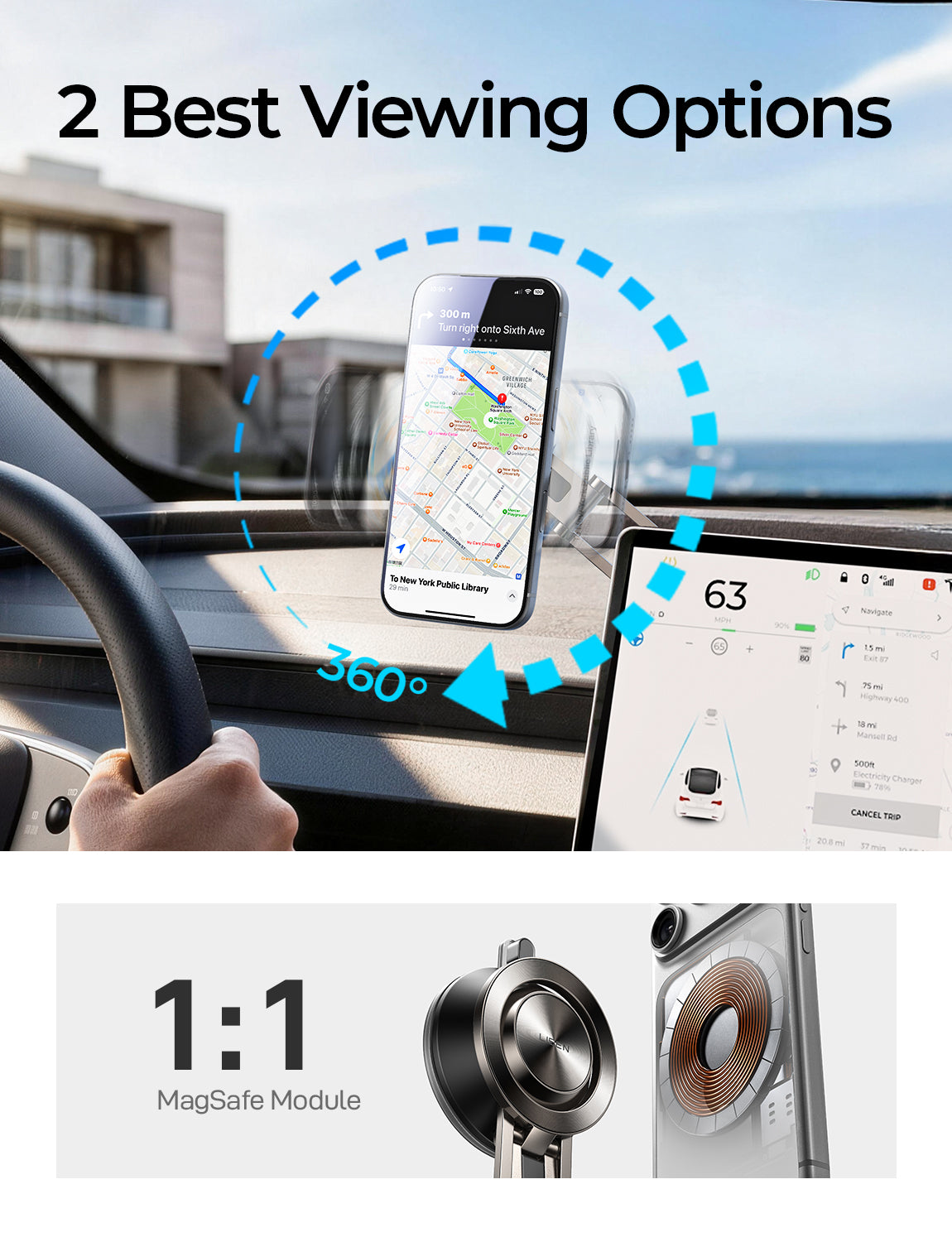 LISEN Tesla Phone Mount [Integrated and High-Efficiency] Magsafe Car Mount