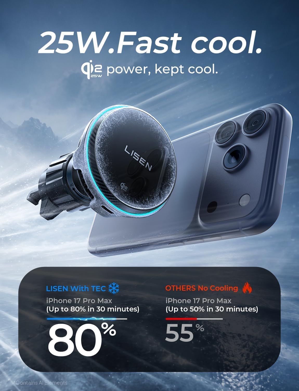 LISEN Qi2.2 25W MagSafe Car Mount Charger, TEC Cooling for iPhone 12‑17
