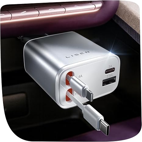 LISEN Retractable Car Charger, 84W Car Charger USB C Fast Charge, Duo Cable