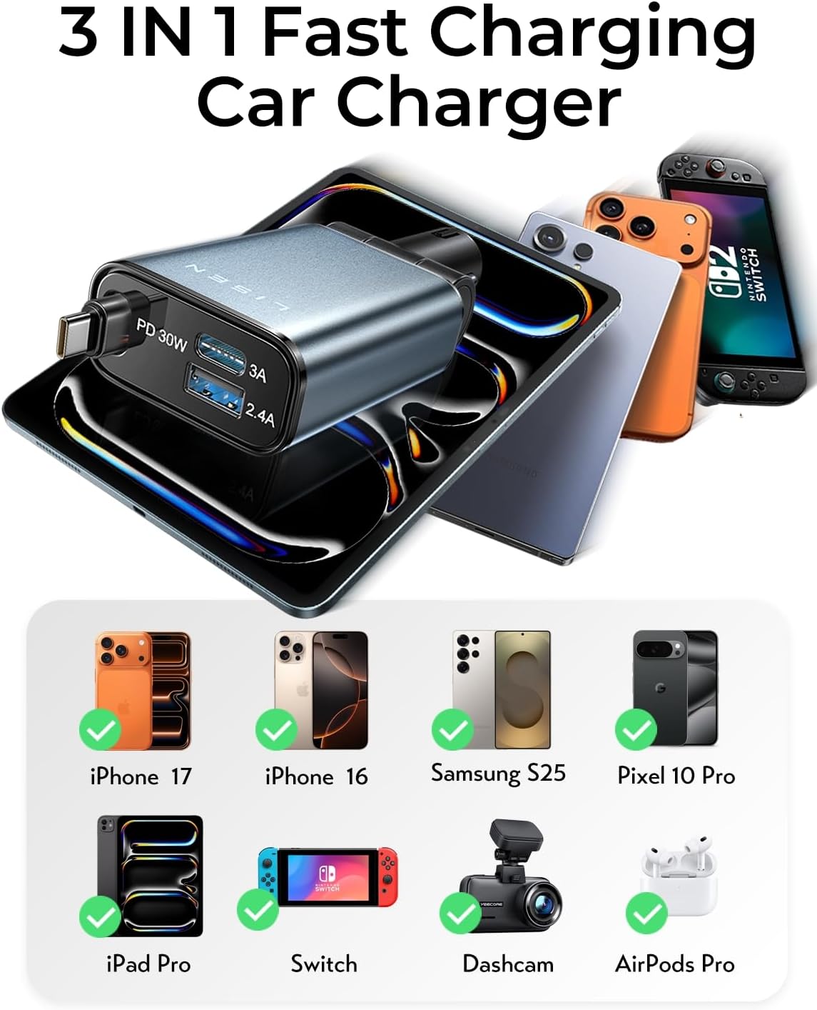 LISEN Retractable Car Charger USB C