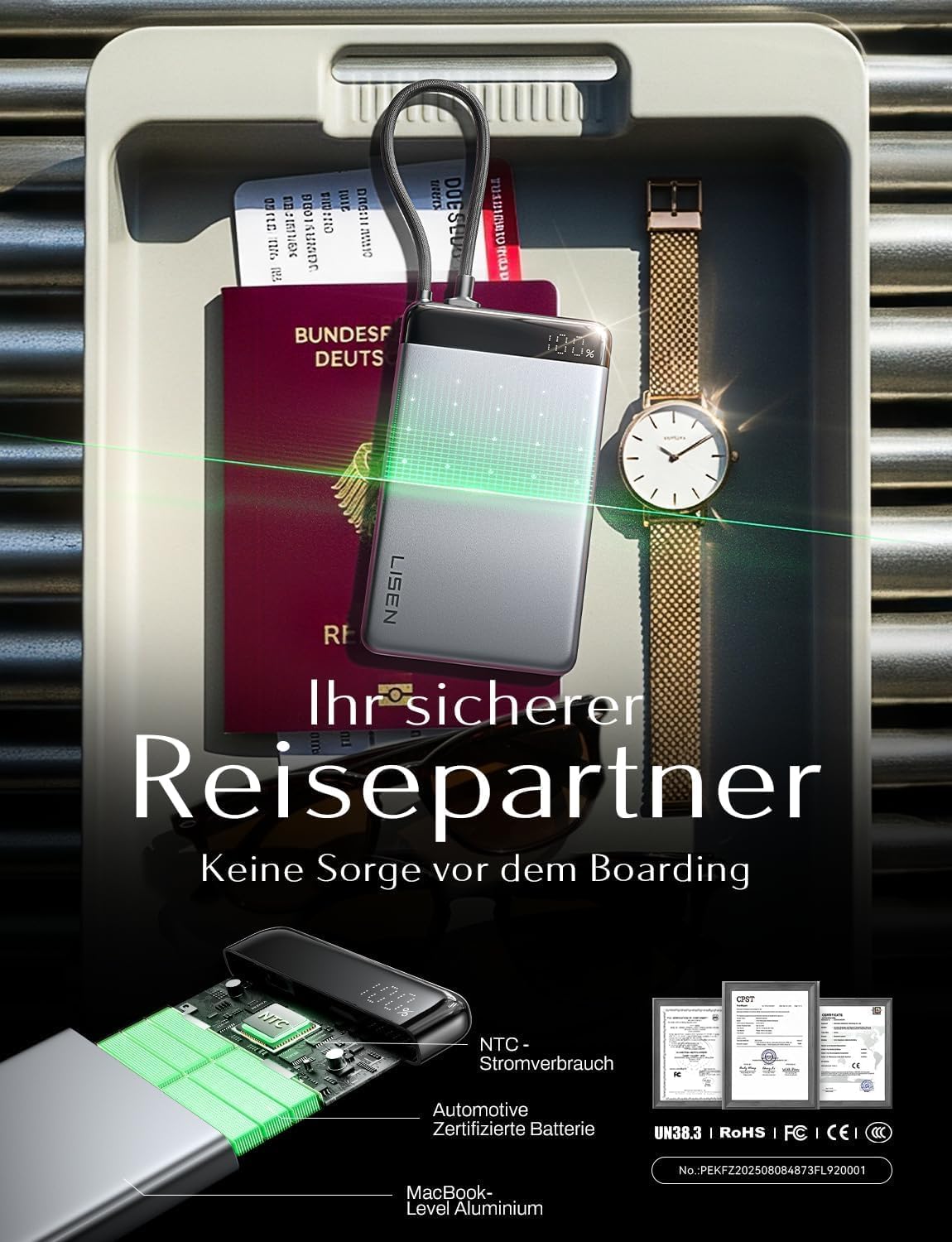 LISEN Slim Powerbank mit Kabel für