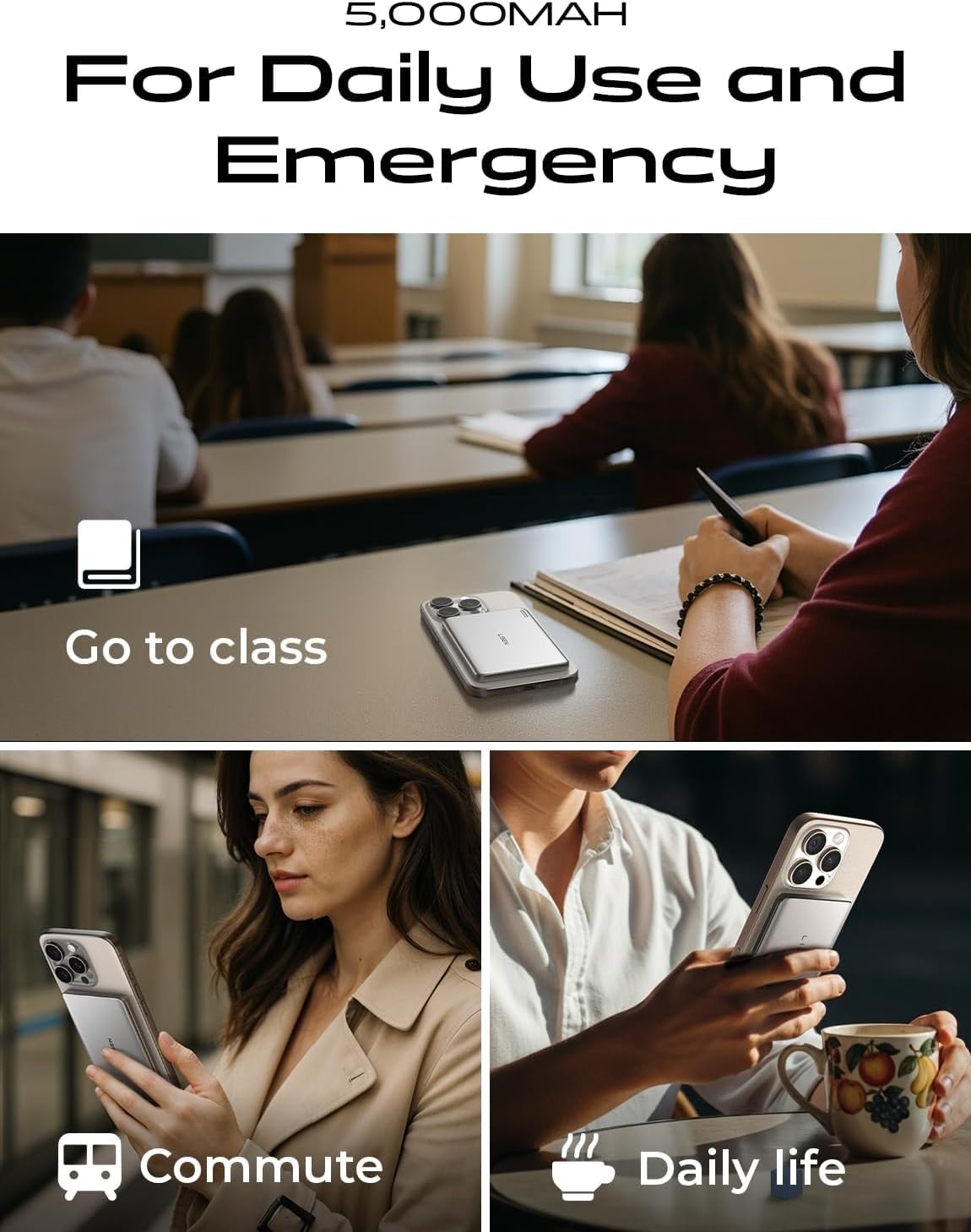 LISEN 5000mAh Power Bank Inalámbrico 15W, 7.6mm USB C Cargador Portátil Magnético Carga Rápida