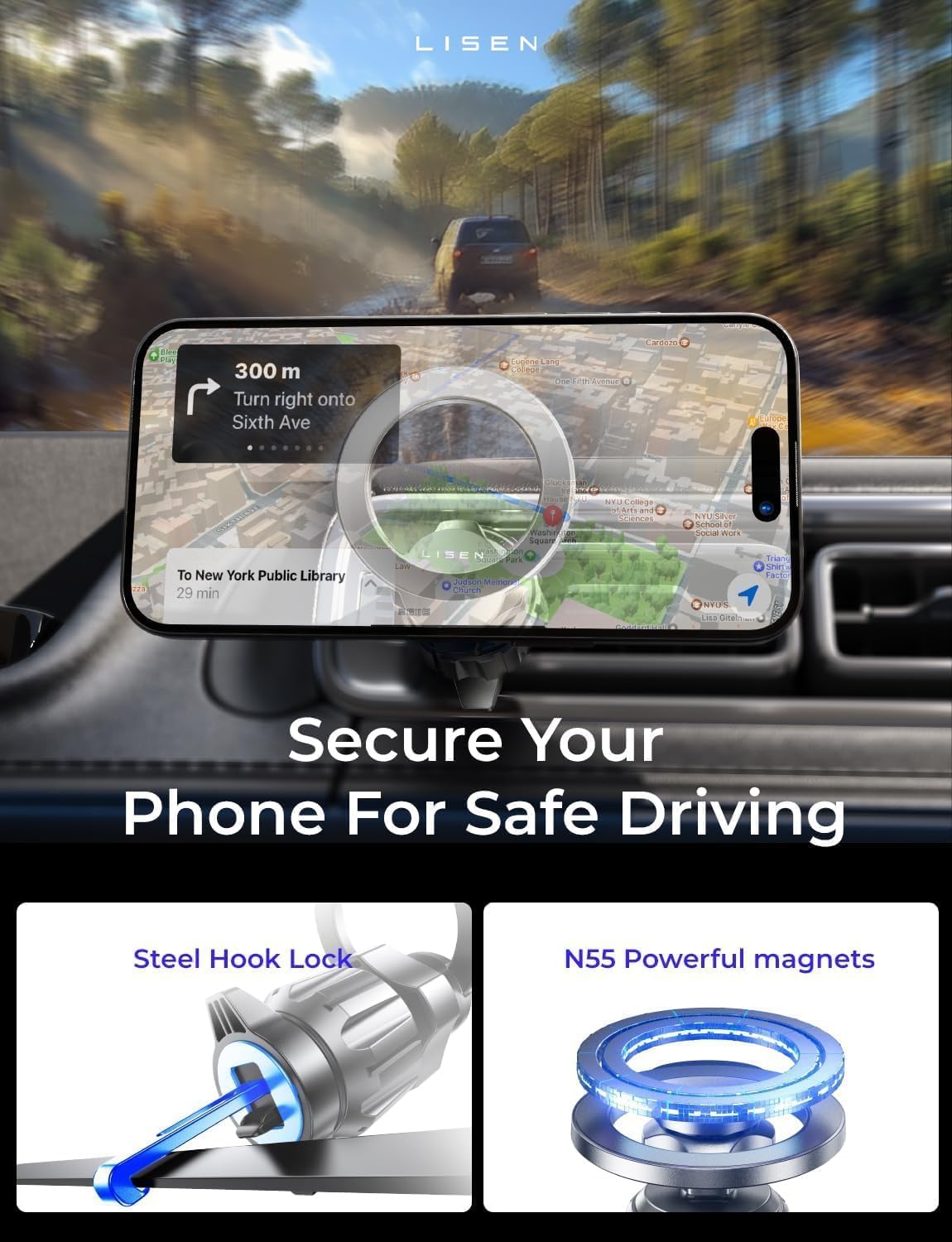 LISEN for MagSafe Car Mount,Magnetic Phone Holder Car,2-in-1 Vent Dashboard