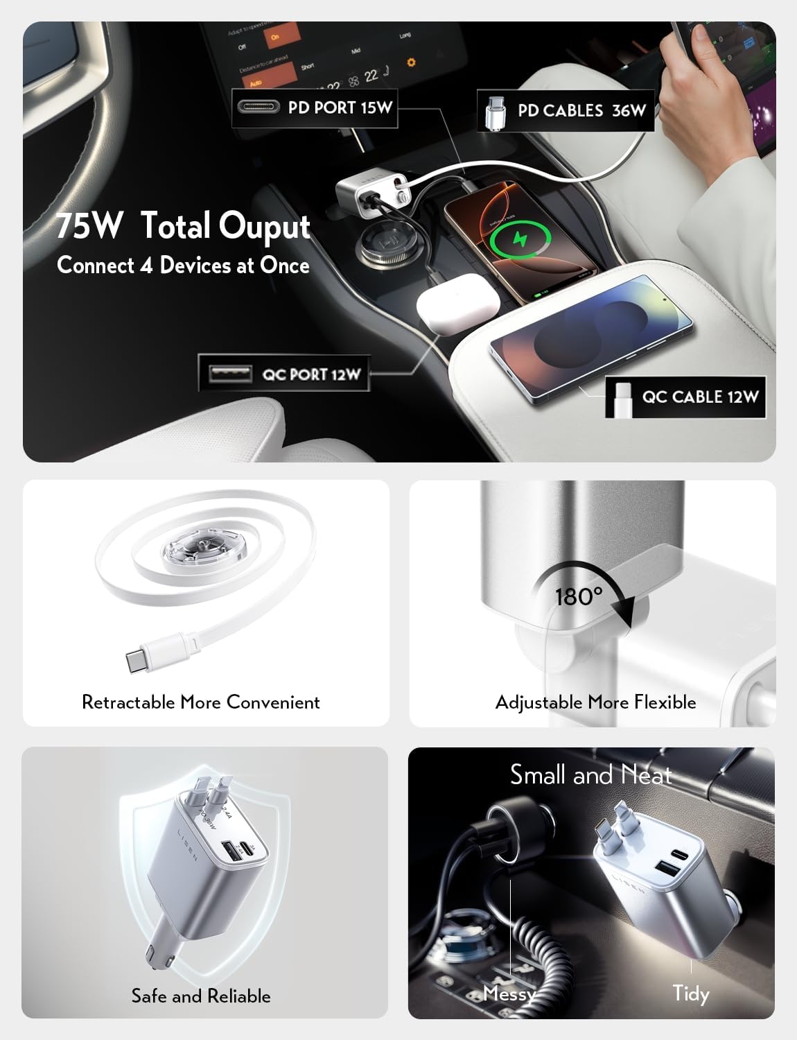 LISEN for iPhone 17 Retractable Car Charger