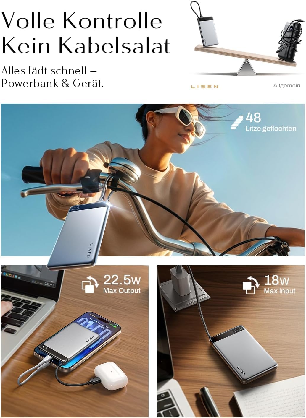 LISEN Slim Powerbank mit Kabel für